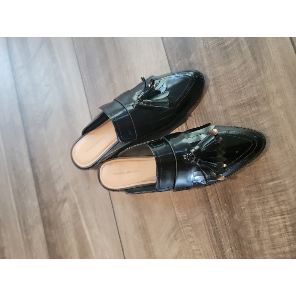 Banana Republic Black Patent Leather Tassel Kiltie Mule Loafers Womens 9.5